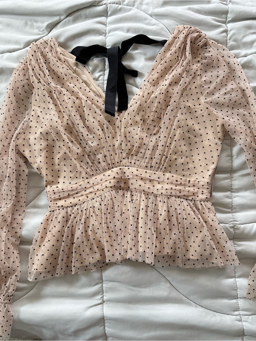 LOFT Nude Sheer Polka Dot Peplum Blouse with Black Tie